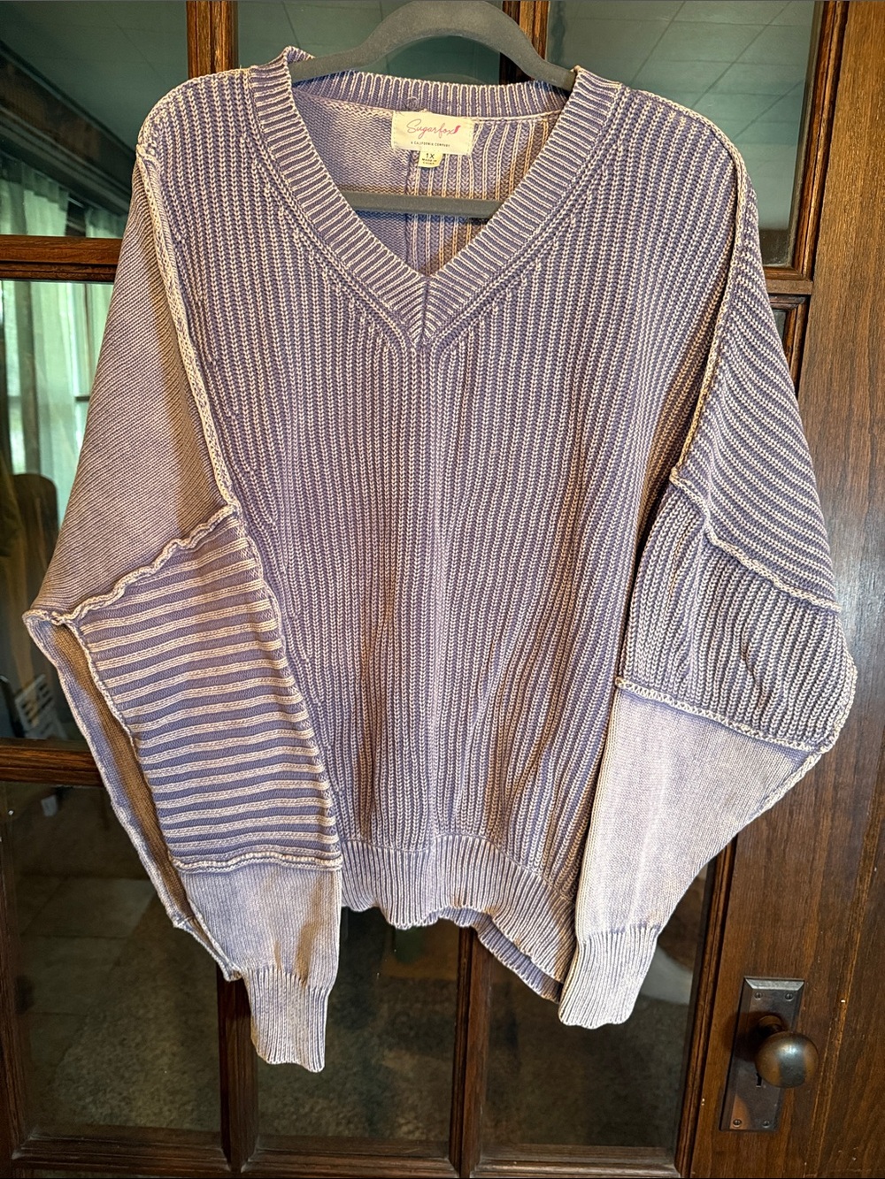 Sugarfox Lavender Purple Patchwork Mixed Knit V-Neck Sweater Womens 1X Oversized